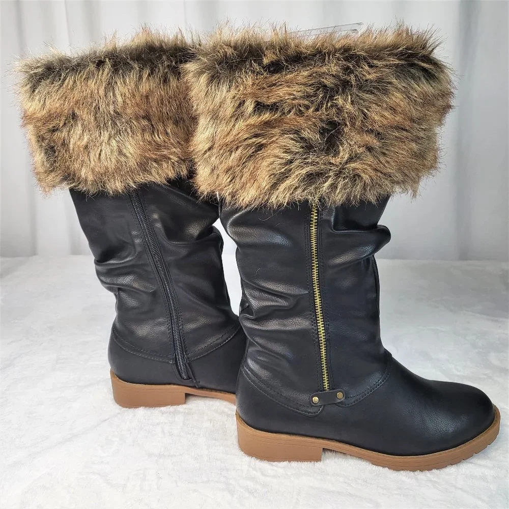 * Furry Black Matte Faux Fur Fold Over Cuff Winter Mid Calf Boots
